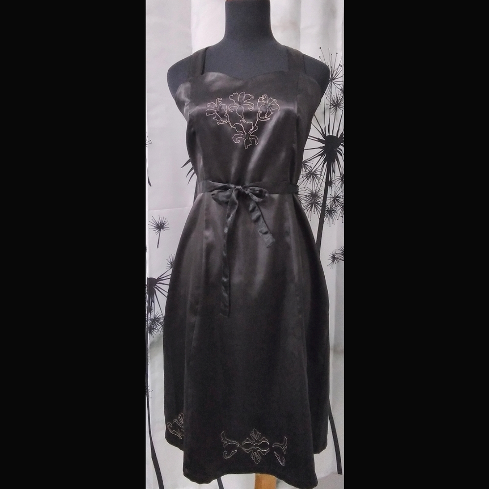 Vintage 90s Daniel Laurent Black Satin Embroidered Whimsigoth Midi Dress